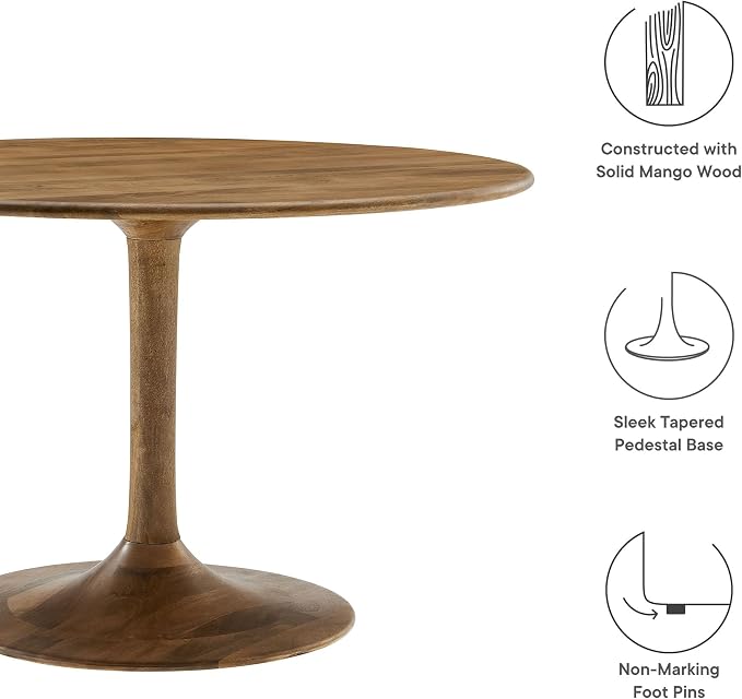 Modway Lippa 48 Inch Round Wood Dining Table in Natural – Solid Mango Wood Tabletop with Pedestal Base - Mid Century Modern Dining Room Furniture - Kitchen Table for 4-6 Person