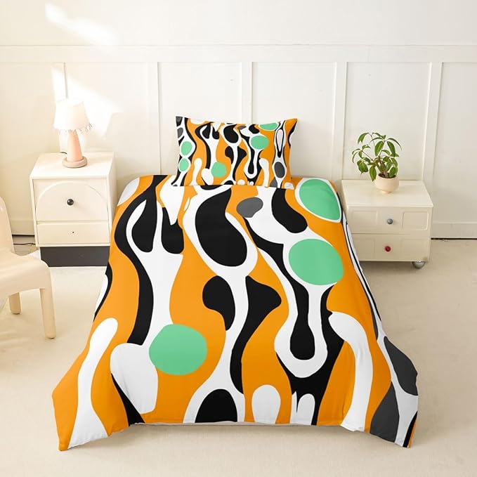 Erosebridal Organic Abstract Duvet Cover Set Modern Contemporary Girl Toddler Bedding Set for Child Boys Boho Mid Century Wavy Lines Comforter Cover Retro Geometric Bed Sets,Orange Green