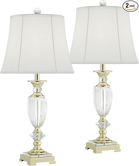 Vienna Full Spectrum Traditional Table Lamps 28 3/4" Tall Set of 2 Brass Clear Faceted Crystal White Fabric Bell Shade Decor for Living Room Bedroom House Bedside Nightstand Home Office Family