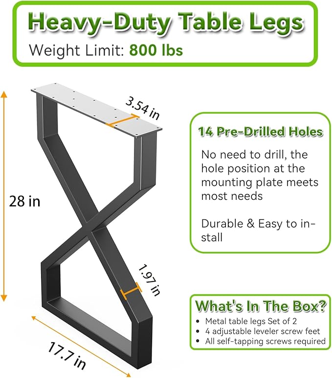 Metal Table Legs - Black Industrial Furniture, Set of 2 Dining Table Legs (Hourglass-Shaped, 28" H X 17.7" W)