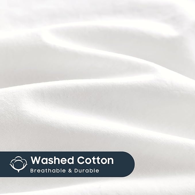 Wake In Cloud - Cotton Duvet Cover Set, 100% Washed Cotton, Linen Like Textured, Breathable Durable Comfy Farmhouse Neutral Bedding Set, 3 Pieces, White, Full Size
