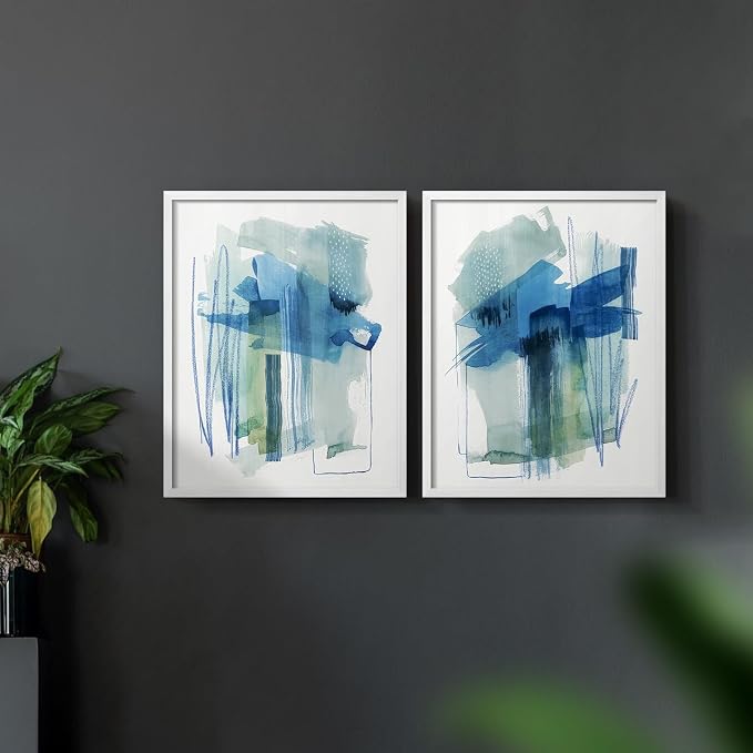 Renditions Gallery Set of 2 Peel & Stick Framed Prints, Modern Abstract Wall Art, Blue and Neutral Bold Brushstrokes Wall Decor, Re-Stickable - Ready to Hang - 16"x20" - White Frame LT588