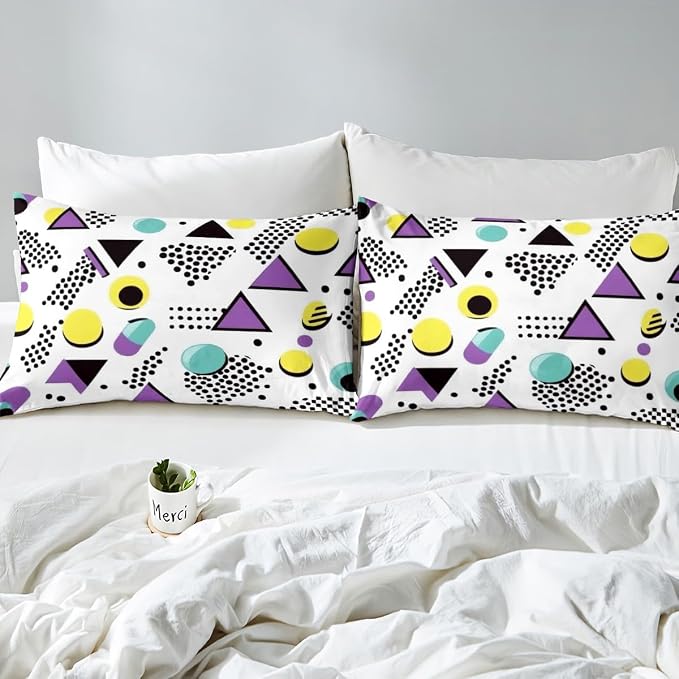 80s 90S Fashion Style Bedding Set Queen Size,Retro Memphis Style Pattern with Geometrical Shapes Duvet Cover for Kids Child,Funky Hipster Old Fashioned Comforter Cover Geometric Bedroom Decor