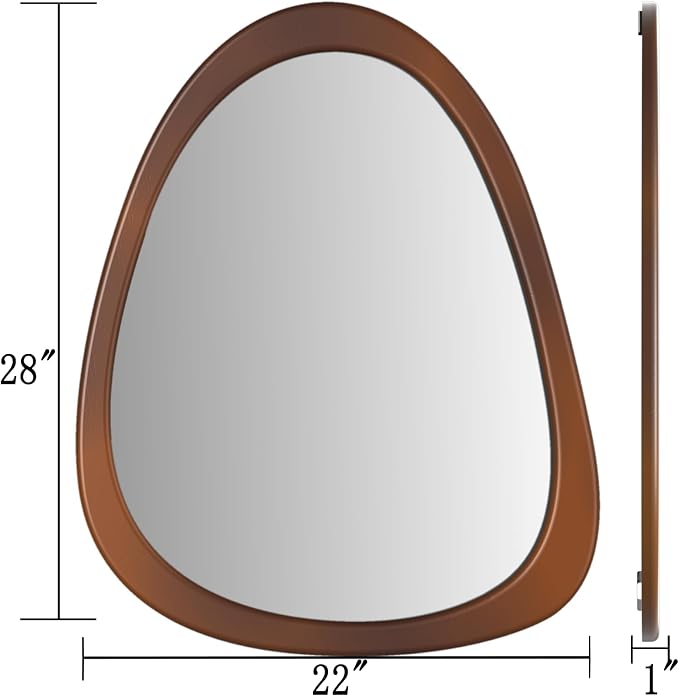 28"x 22" Irregular Wall Mirror, Wood Frame Asymmetrical Decorative Wall Wooden Mirror for Living Room Bedroom Entryway Bathroom Mid Century Home Decor Cherry Brown