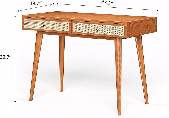 Mid-Century Modern Solid Wood Desk with Drawers – 45 inch Small Boho Rattan Writing Desk for Home Office, Minimalist Design Natural Wood Legs Table for Workspace Elegance