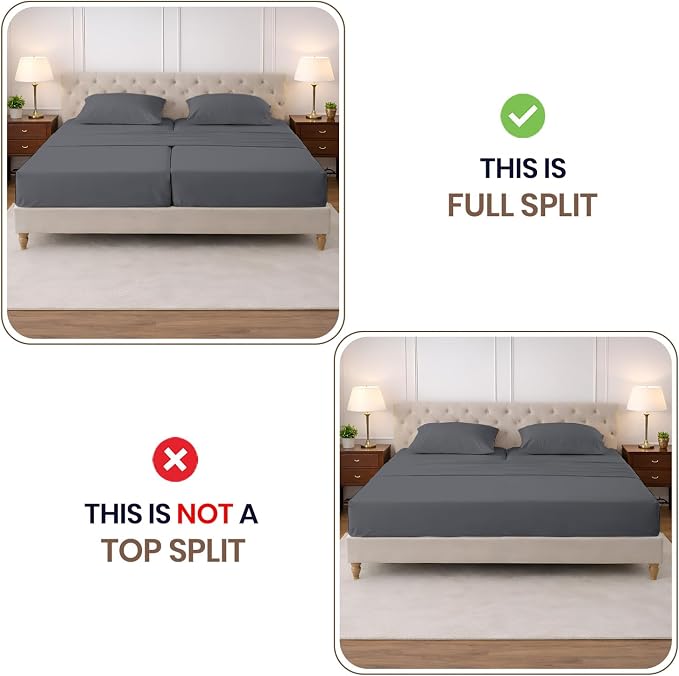 SGI Split King Sheet Set for Adjustable Bed Egyptian Premium Cotton 600 Thread Count Sheets for Sleep Number Bed 15" Deep Pocket 5 Pc Set with 2 Twin XL Fitted Sheets Soft Breathable -Dark Gray
