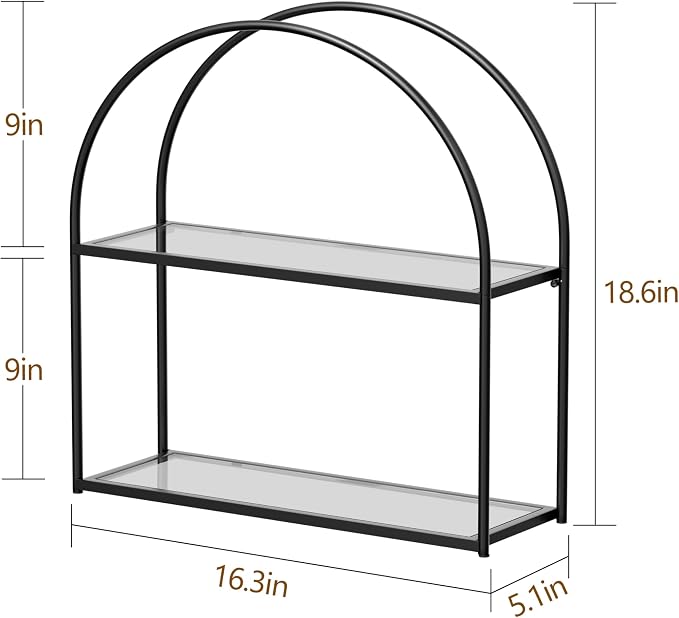 Crofy Black Arched Frame Wall Shelf, Decorative 2 Tier Bathroom Wall Shelf with Transparent Tempered Glass Shelves and Robust Storage Capacity, 5.1" D x 16.3" W x 18.6" H