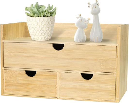 Bamboo Desk Organizer, Desktop Organizer with 3 Drawer, Tabletop Storage Organization Box for Bills, Countertop, Home Office Supplies