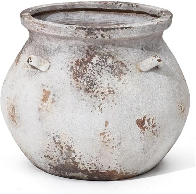 LuxenHome 15'' Dia Round Large Plant Pots, Off White Indoor Outdoor Planters with Drainage Holes, Rustic Distressed Flower Pot for Plants, Handmade Concrete Planter Pot for Home Patio Garden