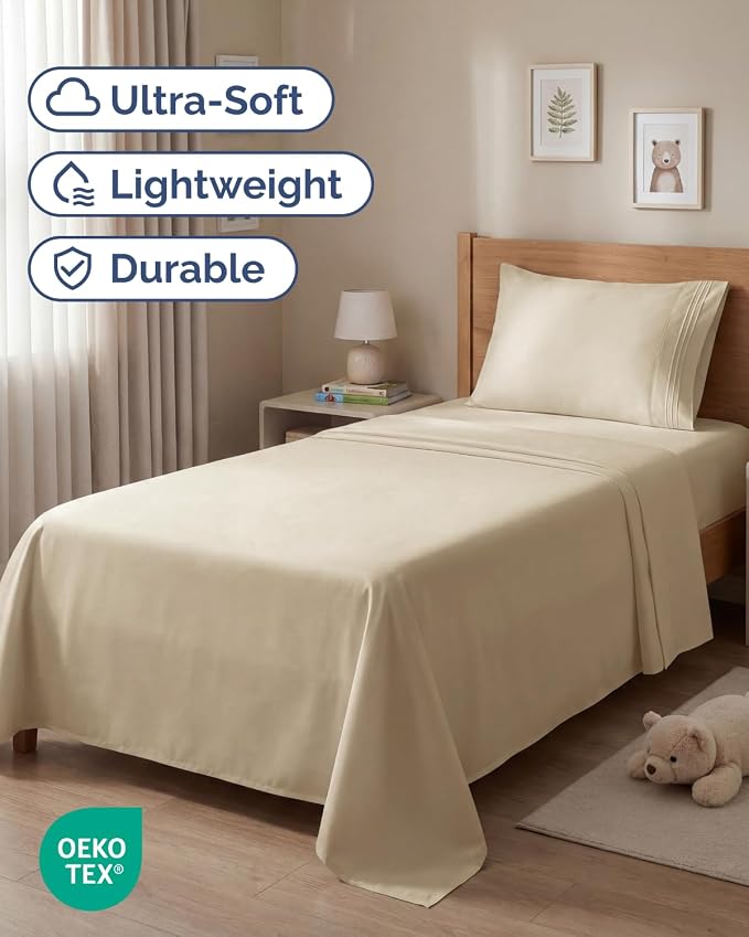 Twin Size 3 Piece Sheet Set - Comfy Breathable & Cooling Sheets - Hotel Luxury Bed Sheets for Women & Men - Deep Pockets, Easy-Fit, Extra Soft and Wrinkle Free Sheets - Cream Oeko-Tex Bed Sheet Set