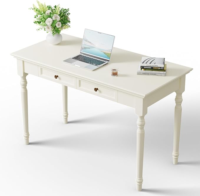 ADORZ Writing Desk with Drawers, 47 Inch French Country Desk Solid Wood Writing Desk for Home Office, Study Workspace or Bedroom (White, 47 inches)
