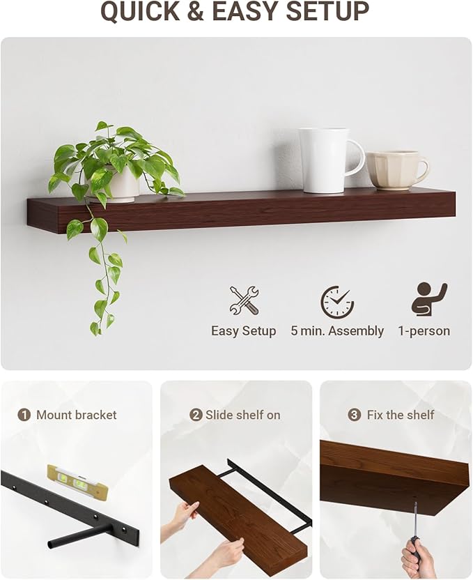 Walnut Floating Shelves, 2 Inch Thick Wooden Floating Shelves for Wall Mounted, 8 Inch Deep Shelves Over Toilet, 32"x8" Wall Shelves for Kitchen Living Room Bathroom, 50LBS Capacity, Set of 2