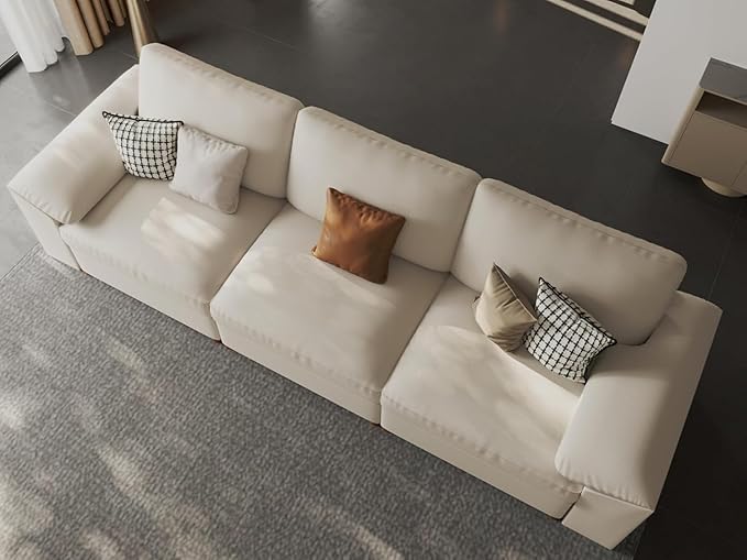 EASE MOOSE 3 Seater Deep Seat Sectional Sofa,Scratch Resistant Faux Leather Material, Oversized Modular Couch,Modern Comfy Sofas for Small Spaces, Beige