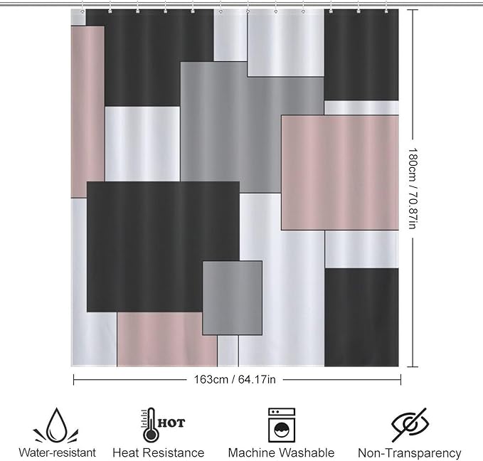 Retro Geometric Shower Curtain,Pink Black Modern Geometry Minimalist Neutral Design Bathroom Curtain Polyester Waterproof Fabric Decor 66x72in（168x183cm）