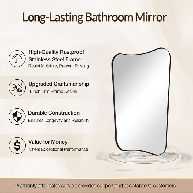 MIRRORTART Contemporary Black Bathroom Mirrors for Wall, 24x36'' Asymmetrical Scalloped Butterfly Rectangle Mirror in Stainless Steel Metal Frame for Home Decor Wall Mounted Vertical Only