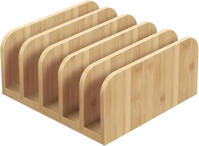 Mail Organizer for Home，Wooden File Organizer Rack, Portable Desk Document Holder with 5 Slots, Book and Folder Storage Stand, 6.4 x 6.1 x 3 in, Compact Wood Desk Organizer for Office Home School