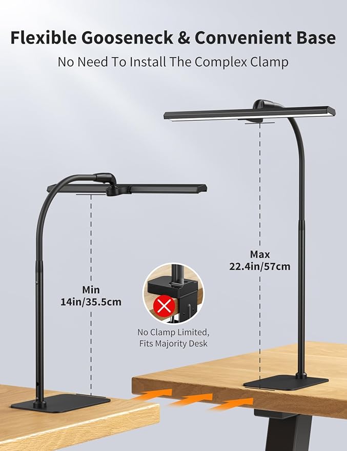Kary LED Desk Lamps for Home Office, Tall Desk Light with Base, Flexible Gooseneck Adjustable 5-Level Dimmable Brightness & Color, Height Architect Lamp for Working, Reading, Crafting, Study
