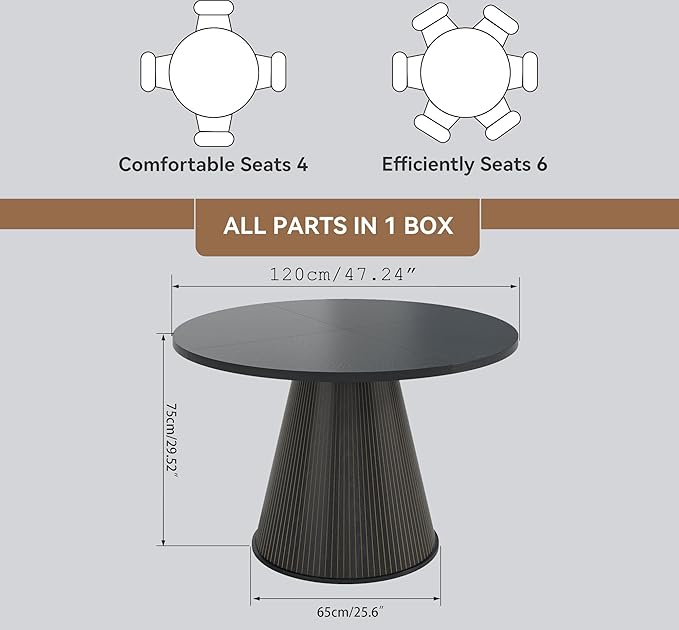 Round Dining Table for 4, Farmhouse Fluted Dining Kitchen Table, 47 Inch Modern Wood Small Circle Dining Table for Kitchen Living Room (Black, 47inch)