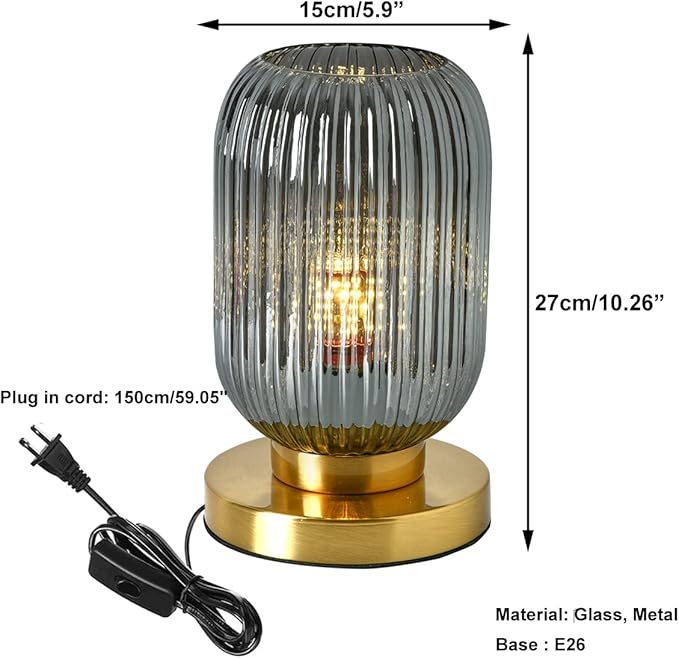 Mid Century Modern Globe Table Lamp Grey Glass Table Lamp Vintage Bedside Lamp Gold Desk Lamp Ribbed Design Shade Small Side Table Lamps Table Light for Bedroom Living Room Office