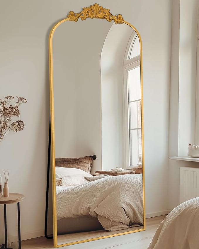 Antok Arched Full Length Mirror, 65"x24" Floor Mirror with Carved, Full Body Mirrors for HomeDecor, Standing/Halling Large Wall Mirror for Bedroom, Living Room, Cloakroom, Gold, Retro Style