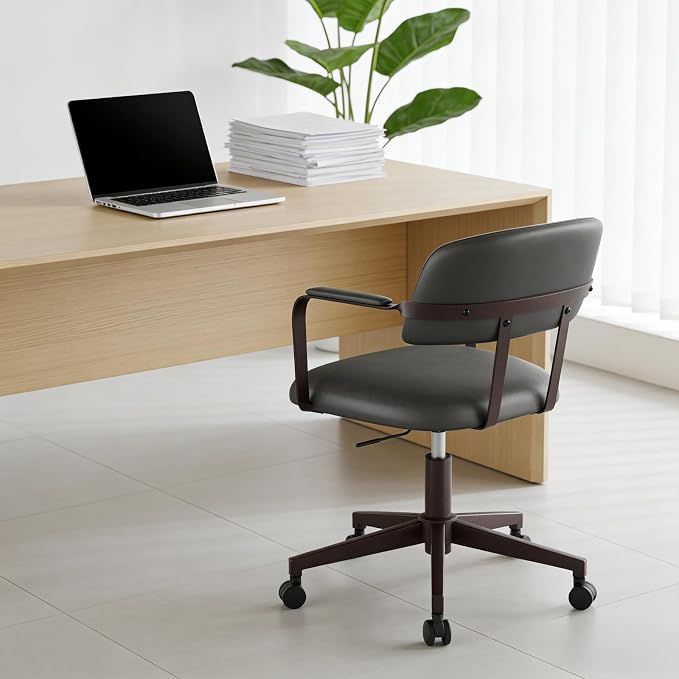 Home Office Desk Chair, Mid-Century Modern Desk Chair with Padded Arms, Adjustable Seat Height, Mid Back 360° Small Computer Chair with Mobile Mute Wheel, PU Leather (Dark Grey)