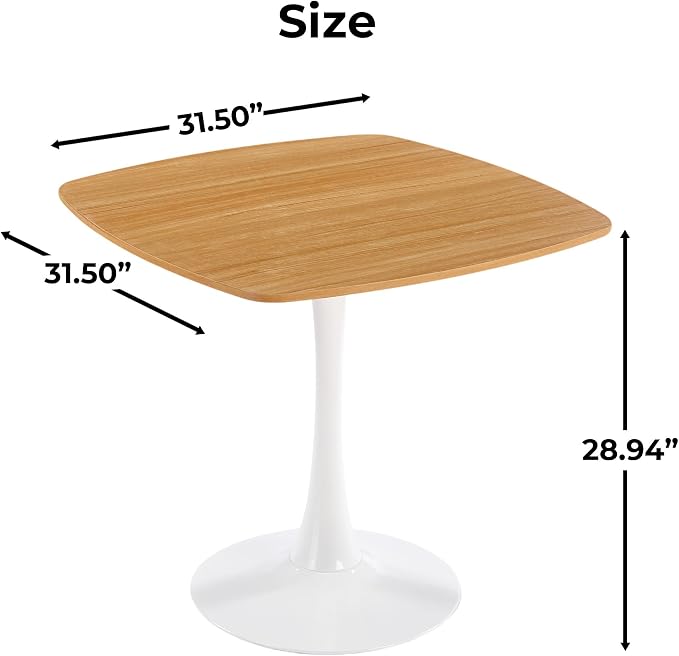 31.5" Natural Tulip Table, Square Small Dining Table for 4, Pedestal Table with Metal Base, Mid Century Bistro Table for Kitchen & Small Spaces