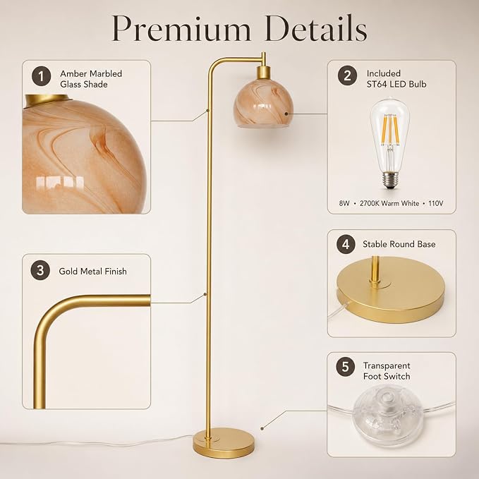67" Soft Glow Art Deco Floor Lamp - Metal Pole Glass Lamp, Pedal Switch & E26 Bulb, Perfect for Bedroom Living Room Office Scandinavian/Minimalist/Contemporary Interiors