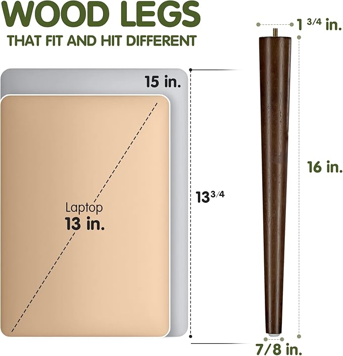 Yes4All Round Brown Wood Table Legs 16 Inches - Mid Century Replacement Feet for Coffee Table, End Table - Stable Rubber Wood Parts for Nightstand with Glides, Walnut, Set of 4