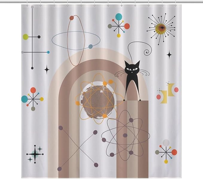 Atomic Cat Shower Curtain,Mid Century Modern Funny Black Cat Geometric Arched Abstract Modern Art Minimalist Boho Bathroom Curtain Polyester Waterproof Fabric Decor 66x72in（168x183cm）