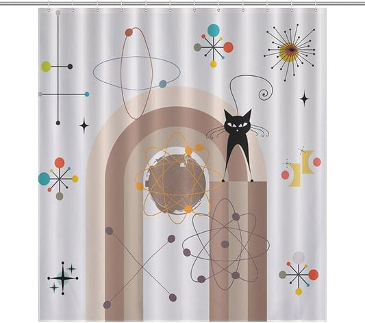 Atomic Cat Shower Curtain,Mid Century Modern Funny Black Cat Geometric Arched Abstract Modern Art Minimalist Boho Bathroom Curtain Polyester Waterproof Fabric Decor 66x72in（168x183cm）