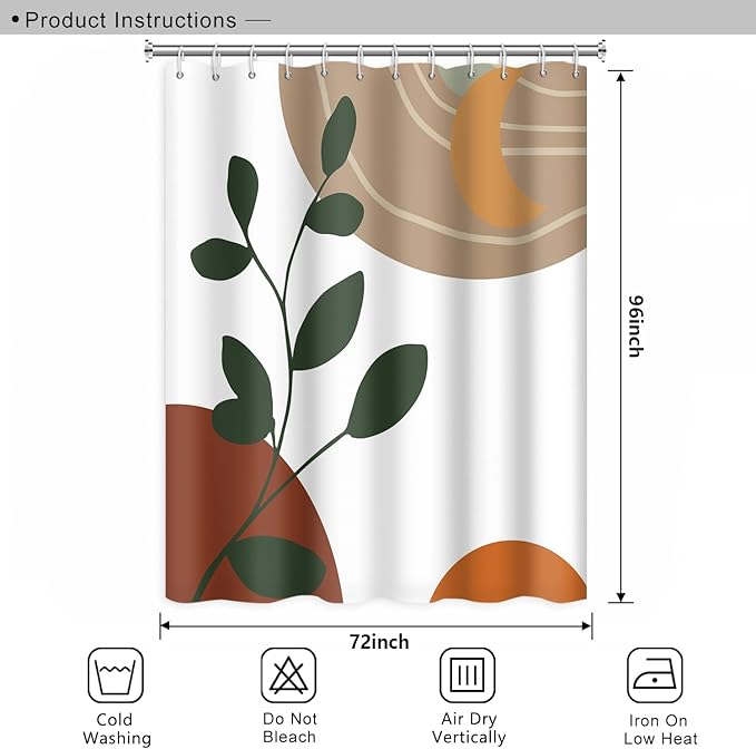 Abstract Boho Shower Curtain for Bathroom Moon Eucalyptus Leaves Waterproof Polyester Shower Curtains Modern Minimalist Artistic Aesthetic Shower Curtain with Hooks Decorative, 72x96 Inch