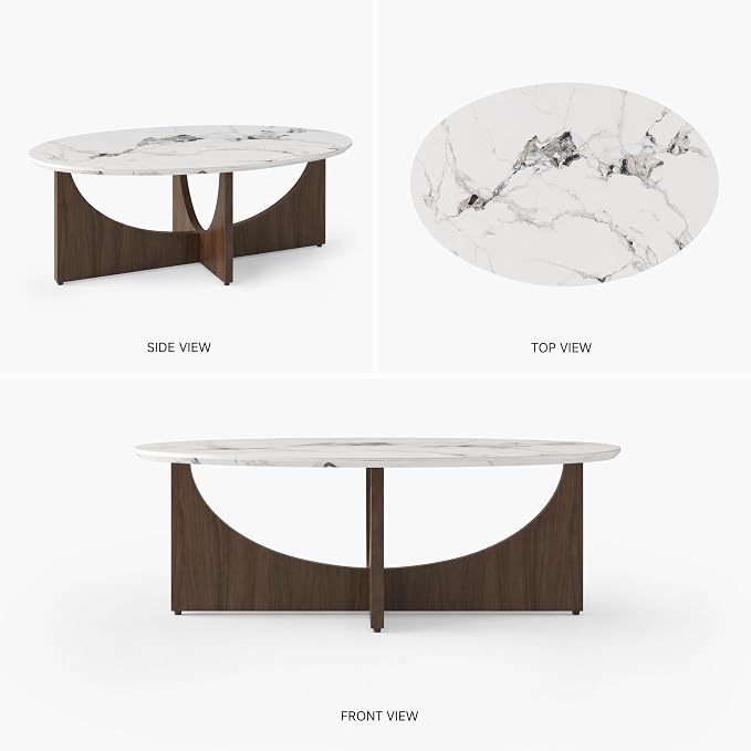 Honyee Oval Coffee Table 47 Inch for Living Room, White Marble-Look Center Table with Wood Base, Large White Oval Coffee Tables for Home Apartment Small Spaces