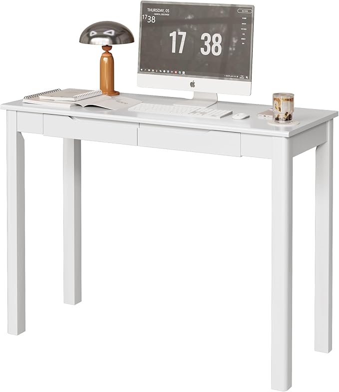 Solid Wooden Desk with Drawers - 39 x 16 Inch Simple Narrow Desks, Rubber Wood Study Table, Small Writing Desk for Bedroom|Small Spaces - White Modern Desks