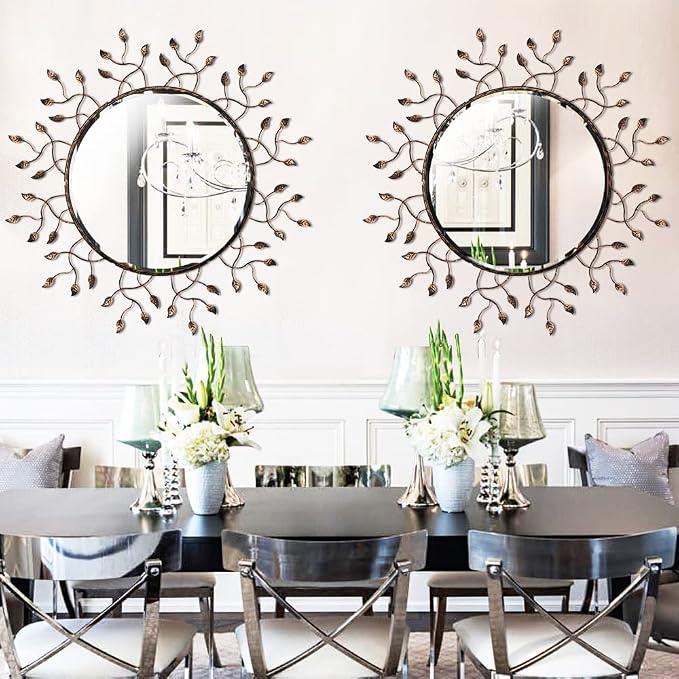Chende Round Decorative Mirror for Wall Decor, 39" x 39" Large Living Room Mirror with Removable Metal Leaves for Entryway, Home Office, Bedroom,Farmhouse