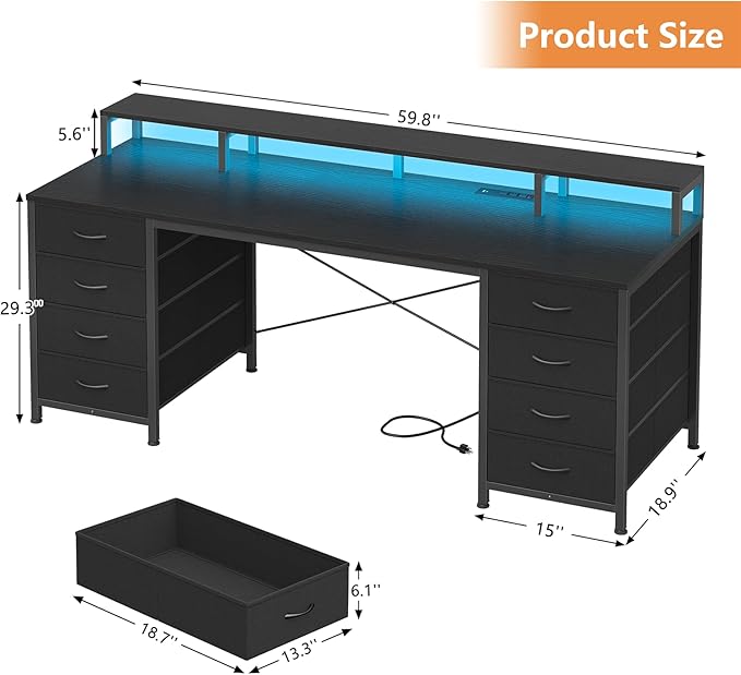 YOMILUVE 60 Inch Computer Desk with 8 Drawers, Gaming Desk with LED Lights & Power Outlets, Home Office Desk with Monitor Stand, Black