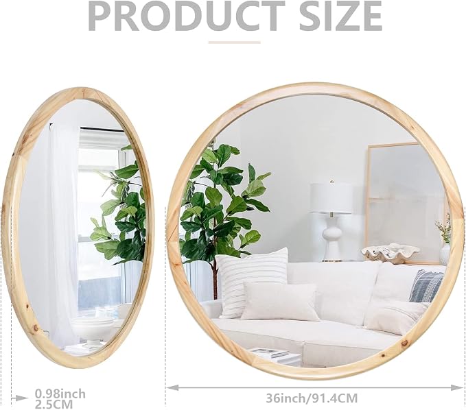 Round Wood Mirror,36 inch Circle Wooden Natural Large Farmhouse Vanity Boho Decor Wall Mirror for Bathroom Bedroom Living Room Hallway