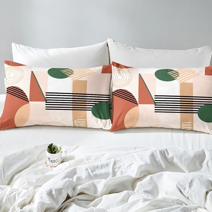 Erosebridal Red Brown Abstract Duvet Cover King Size for Kids Teens Girls | Colorful Geometric Comforter Cover Minimalist Circle Modern Bedding Set Boho Contemporary Aesthetic Bed Set