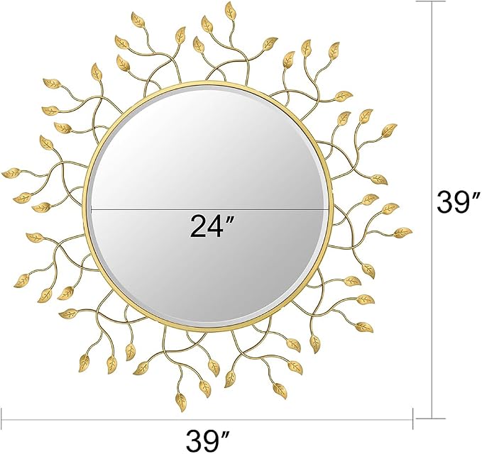 Chende 39" x 39" Gold Decorative Wall Mirror, Large Round Mirror with Metal Leaves, Gold Frame for Living Room, Entrance, Dining Room, Bedroom