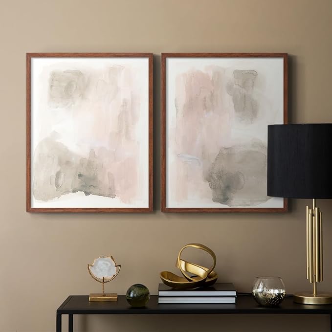 Renditions Gallery Set of 2 Peel & Stick Framed Prints, Watercolor Abstract Wall Art, Nude Color Neutral Aesthetic Wall Decor, Re-Stickable - Ready to Hang - 16"x20" - Walnut Frame LT588