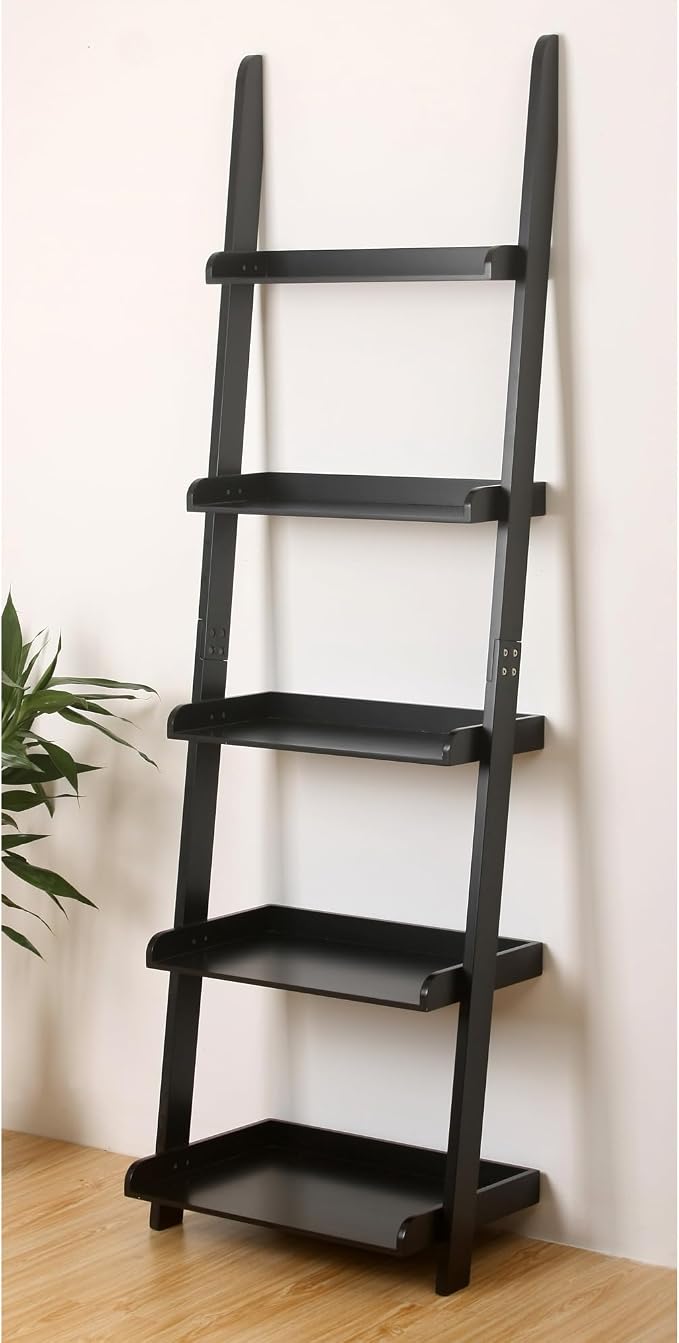 eHemco Modern 5 Tier Leaning Wall Ladder Bookshelf Organizer, Storage Rack, 70 Inches, Black