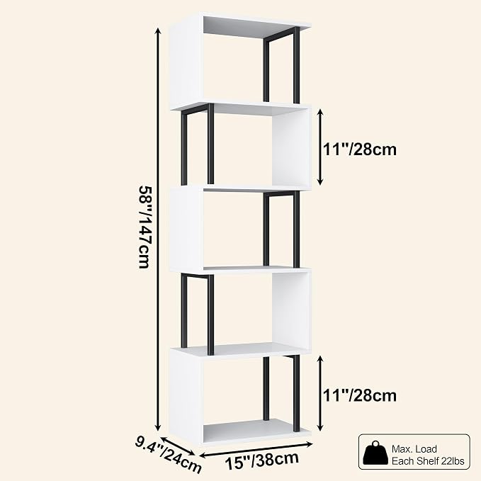Yusong Bookshelf 5-Tier, Geometric Bookcase S Shaped Book Shelves for Bedroom, Modern Wood Decorative Display Shelf Book Case for Home Office, White and Black