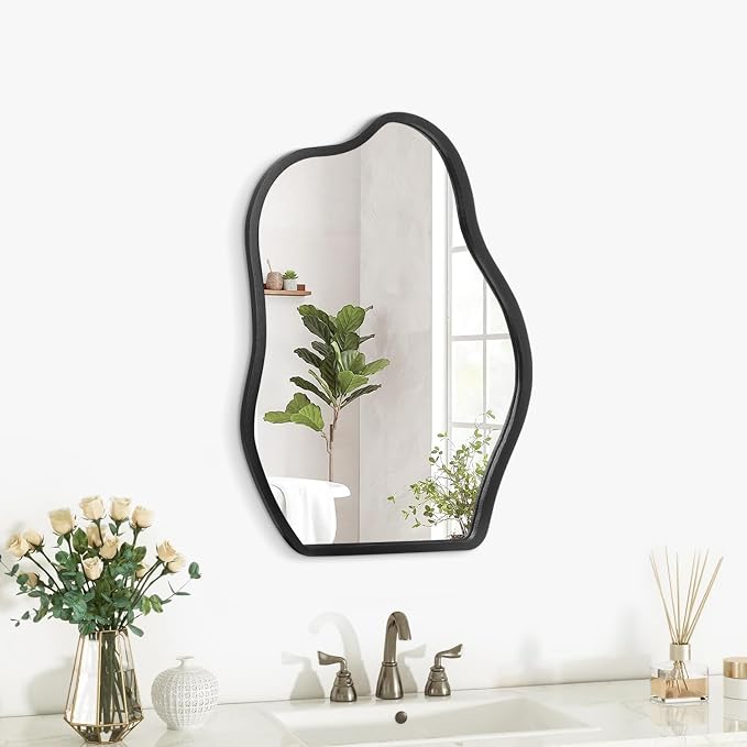 Irregular Asymmetrical Mirror Small Wooden Framed Wall Mirror Modern Cloud Hanging Artistic Mirror Decor for Bathroom Vanity Bedroom Living Room Entryway Hallway 16"x12"