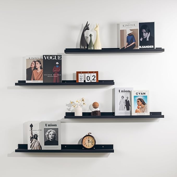 NEXHOME PRO Floating Shelves for Wall Set of 4,36 Inches Picture Ledge Shelf, Kids Bookshelf Wall Mounted for Living Room Bedroom Bathroom Kitchen, Easy Install,Black