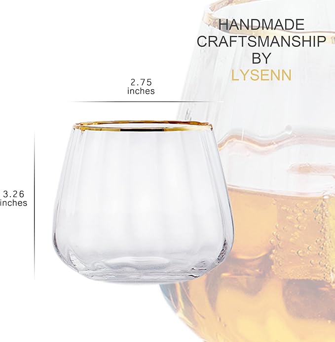 Lysenn Stemless Wine Glasses Set of 4 - Premium Hand Blown Drinking Glasses for White and Red Wine - Elegant Wide Vertical Stripe and Gold Rim Design - Clear 11.8oz