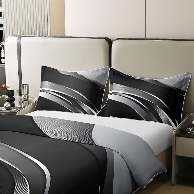 Erosebridal Gray Black Striped 100% Cotton Duvet Cover Twin Modern Abstract Bedding Set for Kids Teens Adults Geometric Lines Comforter Cover Aesthetic Boho Bed Set 2 Pcs