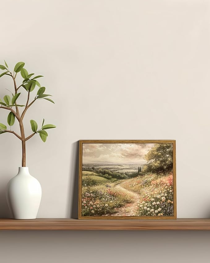 ARPEOTCY Vintage Framed Canvas Wall Art, Wildflower Field Landscape Wall Art for Living Room, Farmhouse Art Prints for Home Decor Aesthetic, Vintage Bathroom Bedroom Decor Aesthetic(8x10 Inch)