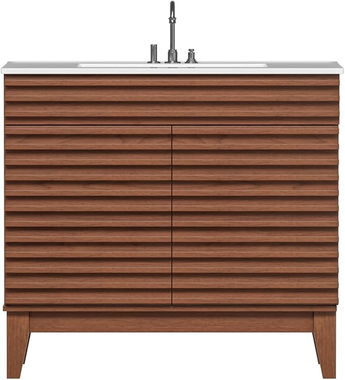 ROOMTEC 36" Bathroom Vanity with Sink, Mid-Century Freestanding Bathroom Vanity Sink with Storage, Undermount Ceramic Sink, Particleboard Frame with Wood Grain Laminate, Walnut