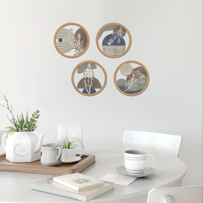 TOARTi 4Pieces Boho Botanical Wooden Wall Art,Farmhouse Geometric Round Wall Decor,Vintage Bohemian Plants Hanging Art,Morden Minimalist Aesthetic Artwork for Bedroom Living Room