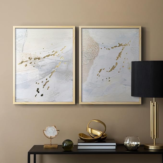 Renditions Gallery Set of 2 Peel & Stick Framed Prints, Modern Abstract Wall Art, Gold Sprinkle Oil Painting Wall Decor, Re-Stickable - Ready to Hang - 11"x14" - NATURAL WOOD Frame LT588