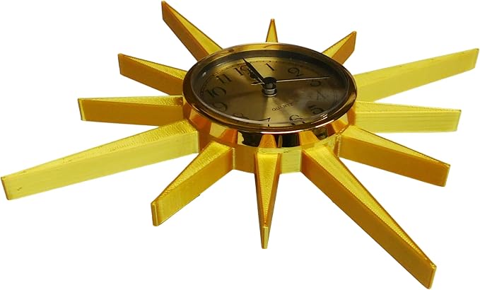 Small Mid Century Modern Sunburst Wall Clock – Retro Gold Atomic Starburst Design, Vintage Style Wall Decor, Quartz Movement, 3D Printed with Metalic Gold Plastic